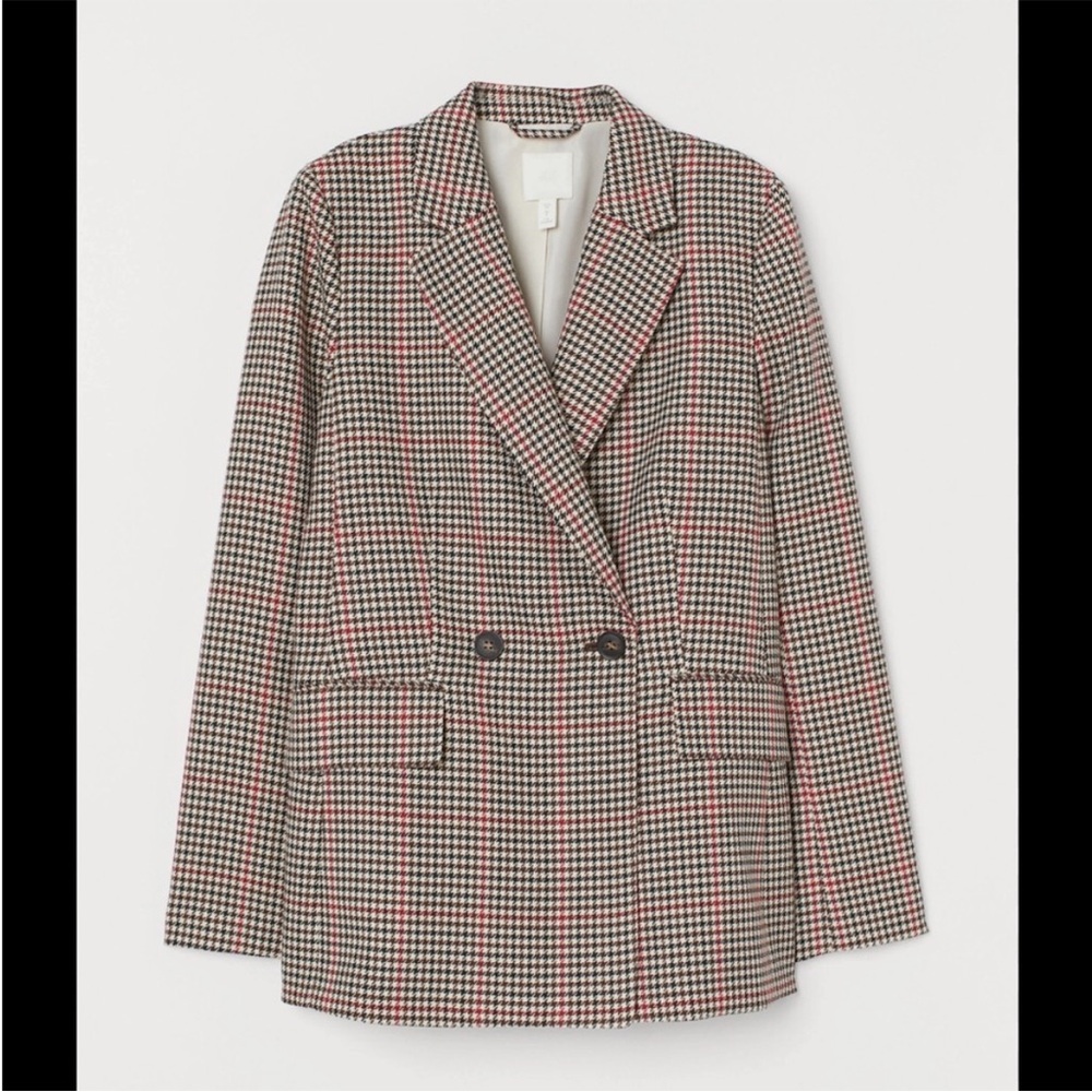 H&M Double Breasted Houndstooth Plaid Blazer Jacket Red Black White Size 2